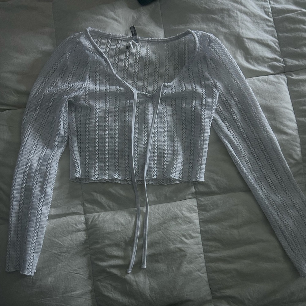 Refuge White Knit Lace-Up Blouse